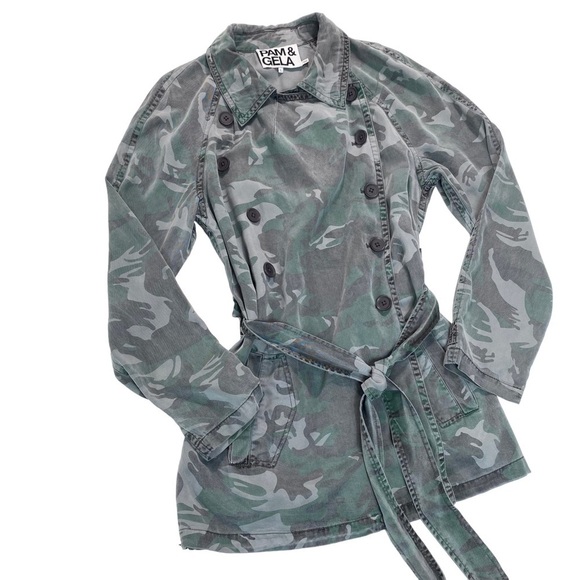 PAM & Gela Camo Lightweight Tencel Trench Coat in Vintage Green Size L - Picture 8 of 13